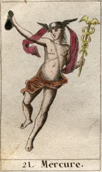 Fremstilling af Merkur, handelens og rejsernes gud og de andre guders budbringer. Han holder en caduceus og bærer en petasos. Fra 