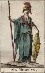 Fremstilling af Minerva, kunstens, krigens og videnskabens gudinde. Hun bærer rustning. (Minerva, krigens, videnskabernes og kunstens gudinde, fremstillet med rustning). Fra «Ungdommens mytologi» af Pierre Blanchard 1803.