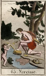 Repræsentation af Narcisse, en ung mand forelsket i sig selv, ser han konstant på sin refleksion. (Repræsentation af Narcissus, ung mand, der er forelsket i sig selv, beundrer han konstant ved sin refleksion). Fra "Mythology of Youth" af Pierre Blanchard 1
