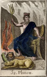 Fremstilling af Pluto, underverdenens gud, med Kerberos, den trehovedede hund og underverdenens vogter, ved hans fødder. (Pluto, helvedes gud med Kerberos, den trehovedede hund). Fra «Ungdommens mytologi» af Pierre Blanchard, 1803.