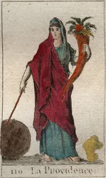 Repræsentation af Forsynet, som en gammel kvinde, der holder et overflødighedshorn, en pind og en globus. Fra "Mythology of Youth" af Pierre Blanchard 1803.