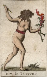 Repræsentation af terror, som en kvinde med et løvehoved, der holder en kniv og slanger. Fra "Mythology of Youth" af Pierre Blanchard 1803.