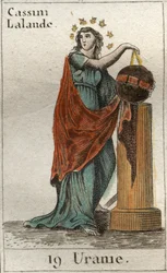 Fremstilling af Urania, astronomiens og astrologiens muse, hun holder en globus og en passer. Fra «Ungdommens mytologi» af Pierre Blanchard, 1803.