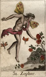 Fremstilling af Zefyr, personifikationen af vestenvinden. (Zefyros eller Zefyr, personifikationen af vestenvinden). Fra „Ungdommens mytologi“ af Pierre Blanchard, 1803
