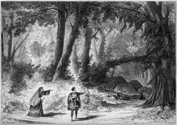 Repræsentation af en ballet: Scenografi af 1. akt, scene 2 af "The Papillon" af Jacques Offenbach (1819-1880). Indretning af Desplechin. Paris, Theatre Imperial de l