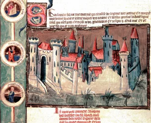 Repræsentation af en befæstet by i Strasbourg-regionen. Miniature på rulle af pergament "" Genealogy of the Bible"" (ms.199) Cremone fra det 14. århundrede, Biblioteca Governativa