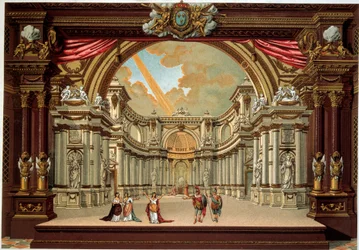 Repræsentation af et skuespil af Jean Baptiste Poquelin dit Moliere (1622-1673) på teatret på slottet i Versailles. Litografi af det 19. århundrede. Dekorativ kunst, Paris