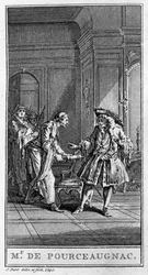 Repræsentation af en scene af stykket "" Monsieur de Pourceaugnac"" (1669) af Jean Baptiste Poquelin dit Moliere (1622-1673). Stik fra 1740.