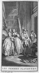 Repræsentation af en scene i stykket "" Les femmes savantes"" (1672) af Jean Baptiste Poquelin dit Moliere (1622-1673). Stik fra 1740.