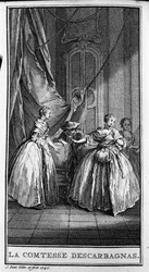 Repræsentation af en scene i skuespillet "" Grevinden af Escarbagnas"" (1671) af Jean Baptiste Poquelin dit Moliere (1622-1673). Stik fra 1740.