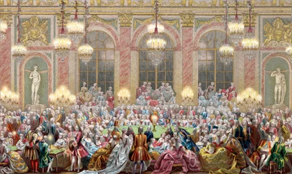 Repræsentation af et møde med "" Jeu du roi"" ved hoffet til kong Ludvig XV, kongens spil