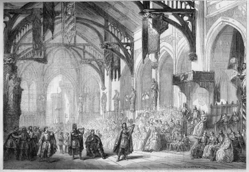 Repræsentation af en opera: Landgrave Palace i Wartburg. Scenografi af anden akt af "Tannhauser" af Richard Wagner (1813-1883). Opera de Paris