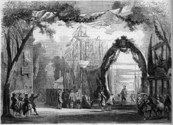 Repræsentation af en opera: Scenografi af 1. akt af "Le Chateau Trompette"", baseret på en libretto af Eugene Cormon (1811-1903) og Michel Carre (1822-1872), og en musik af Francois Auguste Gevaert (1828-1908) ). Paris, Opera Comique