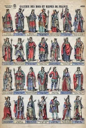 Repræsentation af konger og dronninger af Frankrig fra Capetian-dynastiet (fra Louis VII til Charles VIII). Illustration slutningen af det 19. århundrede.