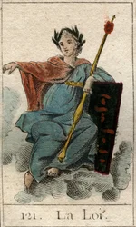 Repræsentation af loven som en kvinde, der holder et scepter. (Loven som ung kvinde, der holder et scepter). Fra "Mythology of Youth" af Pierre Blanchard 1803.
