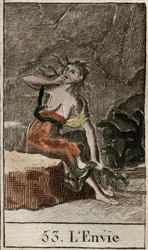 Repræsentation af misundelsen, legemliggjort af en ridekvinde, der holder slanger, mens en anden kvinde spiser hendes bryst. (Repræsentation af misundelse (eller invidiousness) som en gammel kvinde, der holder slanger, mens en anden gnaver sig i brystet) f