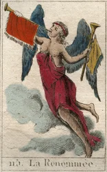 Repræsentation af Rename, messagere af Jupiter, i form af en kvinde ailee iført to trompeter for at annoncere gode og dårlige nyheder (The Pheme, gudinde for berømmelse, en bevinget kvinde, der spiller trompeter, for at annoncere gode og dårlige nyheder). 