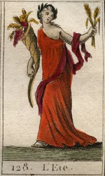 Repræsentation af sommersæsonen som Ceres, der holder en krans af hvede og et horn af overflod. (Sommeren repræsenteret som Ceres, der holder et blad og et overflødighedshorn). Fra "Mythology of Youth" af Pierre Blanchard 1803.
