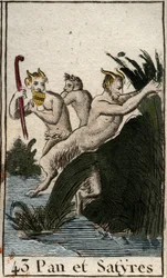 Repræsentation af landsguden Pan og satyrer. Han har behårede lår, gedefødder og spiller fløjte (Syrinx) har flere piber. (Bønderguden Pan, repræsenteret med satyrer, han har lodne ben og gedefødder, han spiller syrinx eller panfløjte) Fra “Mythologie de
