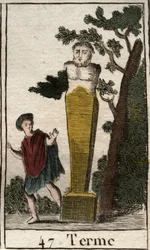 Repræsentation af guden Terme, i form af en terminal, for at markere besiddelser og landområder. (Repræsentation af guds endestation, som en stenterminal af jord og besiddelser). Fra "Mythology of Youth" af Pierre Blanchard 1803.