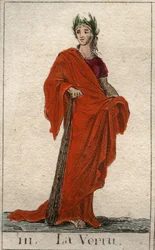 Repræsentation af dydens gud, en ung kvinde med et oprigtigt ansigt. (Repræsentation af dyd, som en ung kvinde med ligefremt ansigt). Fra "Mythology of Youth" af Pierre Blanchard 1803.