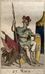 Repræsentation af krigsguden Mars, våben, nær en hane. (Krigsguden Mars bevæbnet med en stud). Fra "Mythology of Youth" af Pierre Blanchard 1803.