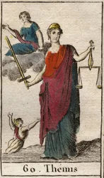 Fremstilling af gudinden for retfærdighed og lov, Themis, som holder en vægt og et sværd. (Fremstilling af Themis, gudinde for retfærdighed og lov, med bind for øjnene og med en vægt og et sværd). Fra »Ungdommens mytologi« af Pierre Blanchard, 1803.