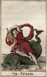 Repræsentation af den legendariske græske digter Arion de Methymne, charmør af delfiner ved hans cithare (Repræsentation af Arion, græsk digter, der charmerer delfinerne ved at spille kithara). Fra "Mythology of Youth" af Pierre Blanchard 1803.