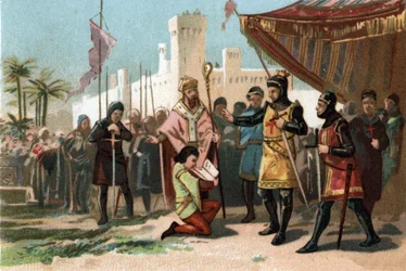 Repræsentation af annoblisationsbrevene, der blev indført af kong Filip III den Hardi (1270-1285). Kromolitografi omkring 1890.