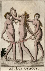 Repræsentation af de tre nåder: Aglae, Thalie og Euphrosyne, datter af Venus og Bacchus (De tre nåder (eller Charites) døtre af Venus og Bacchus. Fra "Mythology of Youth" af Pierre Blanchard 1803.