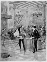 Teaterforestilling: scene i fjerde akt af ""Henri III og hans hof"" af Alexandre Dumas (1802-1870) ved Comedie Francaise i Paris