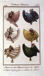 Restaureringstilstand: forskellige modeller af hatte til kvinder i crepe, gaze, fløjl. Gravering fra 1820