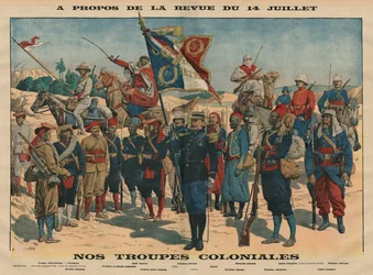 Parade den 14. juli, vores kolonitropper, illustration fra «Le Petit Journal», illustreret tillæg, 13. juli 1913