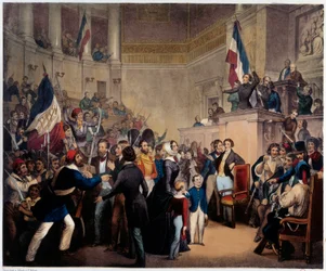 Revolution i 1848. Hertuginden af Orleans optræder i Deputerethuset (Nationalforsamlingen) med sine børn for at opnå Regency (24. februar