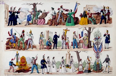 Februarrevolutionen 1848: de store øjeblikke af opstanden den 23. februar, barrikaderne, derefter forbrødringen mellem soldater, arbejdere og borgerlige, ødelæggelsen af symbolerne på magtsymbolerne fra Louis Philippe I (Louis-Philippe) og til sidst