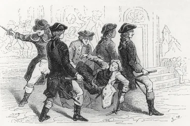Optøjer i Rennes, såret gentleman, illustration fra Bretagne og Vendee, History of the Revolution in the West af Pitre-Chevalier (1812-63) udgivet af W. Coquebert 1845-48