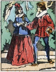 Riquet præsenterer sig selv for prinsessen igen. Illustration til "" Riquet a la houppe"", fortælling af Charles Perrault (1628-1703), fransk forfatter. Træstik af Imaging Pellerin - Epinal, sd. Slutningen af det 19. århundrede.