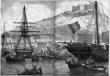 Risorgimento, Napoli, 21. oktober 1860: flådens afstemning om byens tilknytning til Kongeriget Italien. Indgravering i "" Le Monde Illustré"" nr. 186 af 3. november 1860.