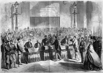 Risorgimento, Napoli, 21. oktober 1860: Befolkningens afstemning i kirken Saint Francois de Paule om byens tilknytning til Kongeriget Italien. Indgravering i "" Le Monde Illustré"" nr. 188 af 17. november 1860.