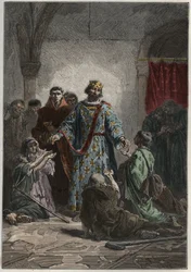 Robert II den fromme (972-1031), capetisk konge af Frankrig i 996-1031, havde en venlig fornemmelse for de svage og fattige - gravering fra "" L