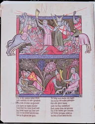 Roland blæser i hornet ved Roncevaux, illustration fra Le Chanson de Roland, kopi af et originalt manuskript konserveret i Saint-Gall i Schweiz