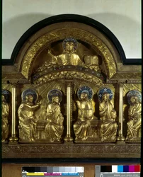 Romansk kunst: altertavle med pinsen: antependium af træ, kobber og emalje. Detalje. Fra Stavelot (Meuse). Omkring 1160-1170. Paris, Nationalmuseet for Middelalderen, Thermes de Cluny