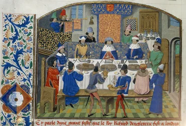Roy 14 E IV fol.265v, Hertugerne af York, Gloucester og Irland spiser med Richard 2., bd. III »Fra Richard 2.s kroning til 1387«, af Jean de Bâtard Wavrin