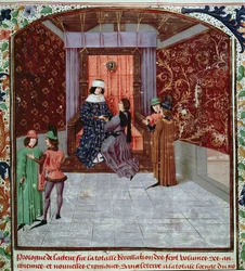 Roy 15 E IV f.14 Edward IV modtager bogen fra forfatteren, fra Old Chronicles of England, af Jean Batard de Wavrin, c.1470-80 (vellum)