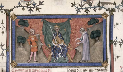 Roy 19 C IV f.154 Kong Charles V (1337-80) af Frankrig tronet med krone, sværd og scepter mellem en ridder og en kontorist