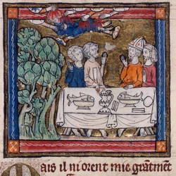 Royal 14 E. III, f.76v Seven Hands Cast Fire on Moys, illustration fra 