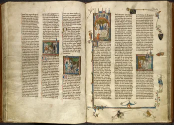 Royal 14 E. III, ff.88v-89 Lancelot fjerner hovedet af sin halshuggede bedstefar, kongen, ud af en kogende brønd; en bygning, der kollapser på to riddere. Til højre, miniature af Arthur og Guinevere siddende ved en banket, fra 