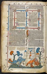 Royal MS 10 E IV f.313v, en bas-de-page-scene af en ridder, der afhorer en anden foran et slot, ca. 1300-40 (pen & blæk og tempera på pergament)