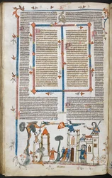 Royal MS 10 E IV f.88v, en bas-de-page scene af en drage, der angriber et slot, ca. 1300-40 (pen & blæk og tempera på pergament)