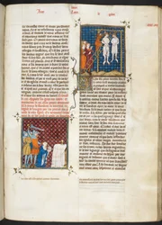 Royal MS 16 G. VI, f.306r, Mordet på Karl, greve af Flandern, ved hængning (Ludvig VI, bog 20), fra Les Grandes Chroniques de France